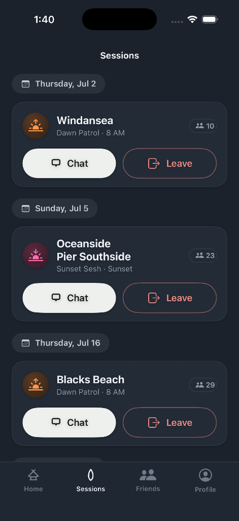 SD SurfsUp app sessions management screen