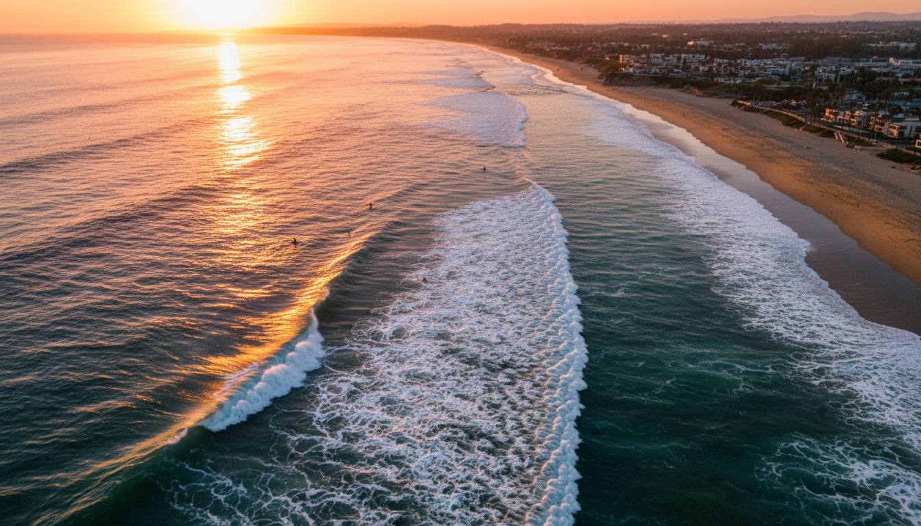 San Diego coastline at golden hour with surfers in the ocean