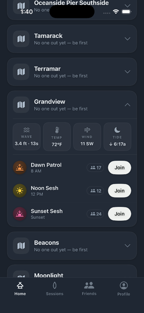 SD SurfsUp app beach detail screen with surf conditions and sessions