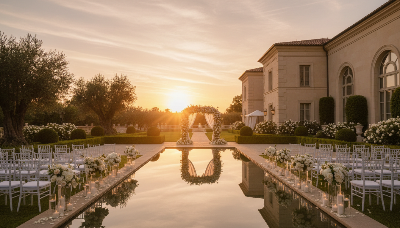 Luxury wedding venue at sunset