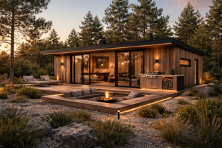 Luxury glamping chalet at golden hour