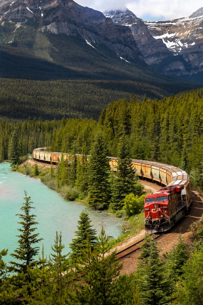 Train through mountain landscape