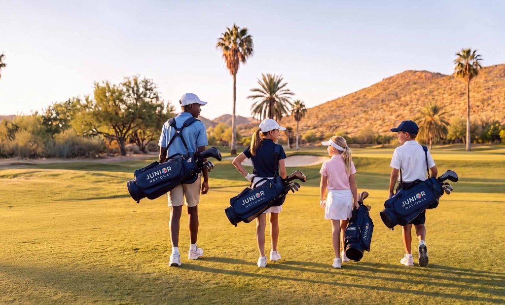 Junior golfers walking the course at sunset