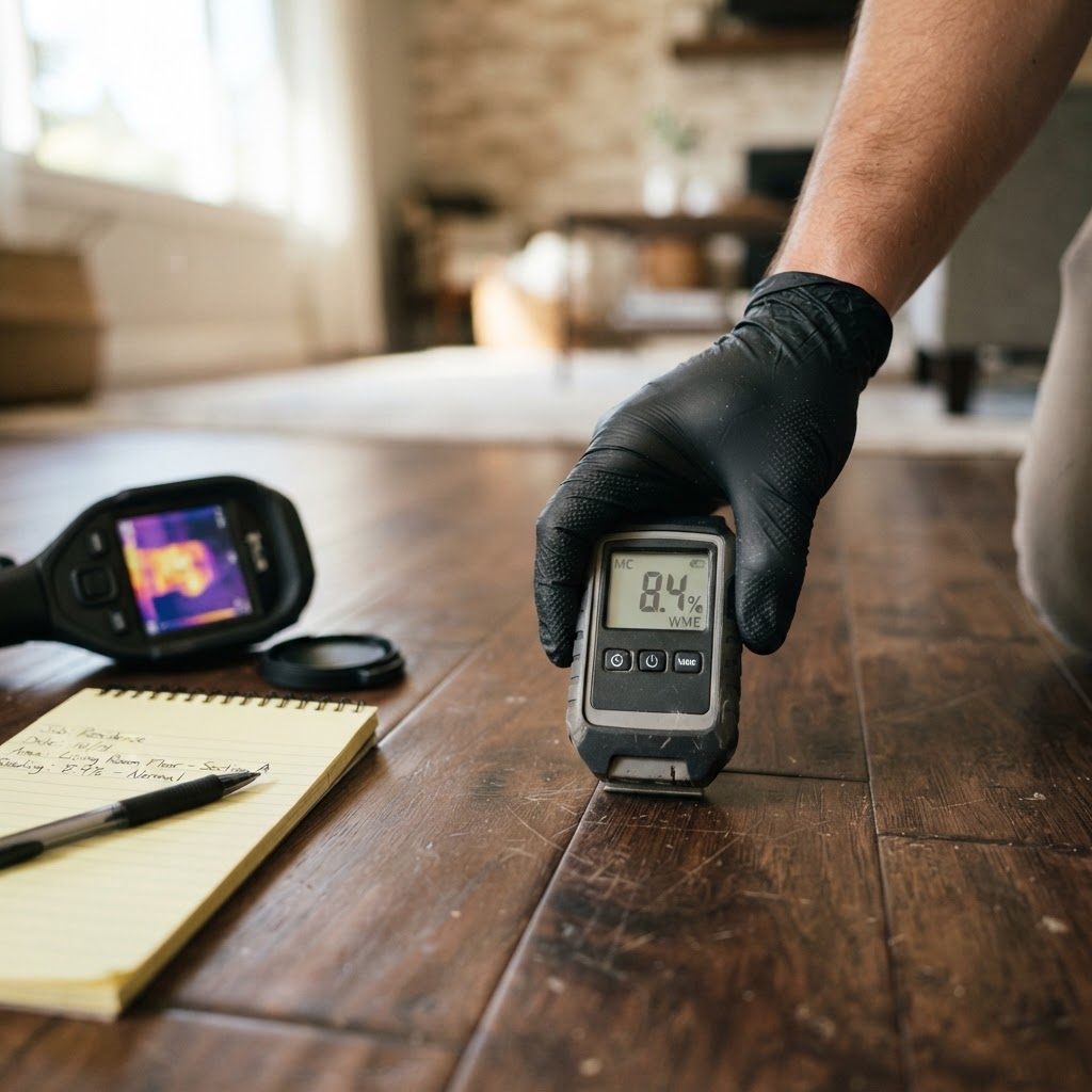 Inspector using moisture meter with thermal imaging camera and inspection notepad on hardwood floor