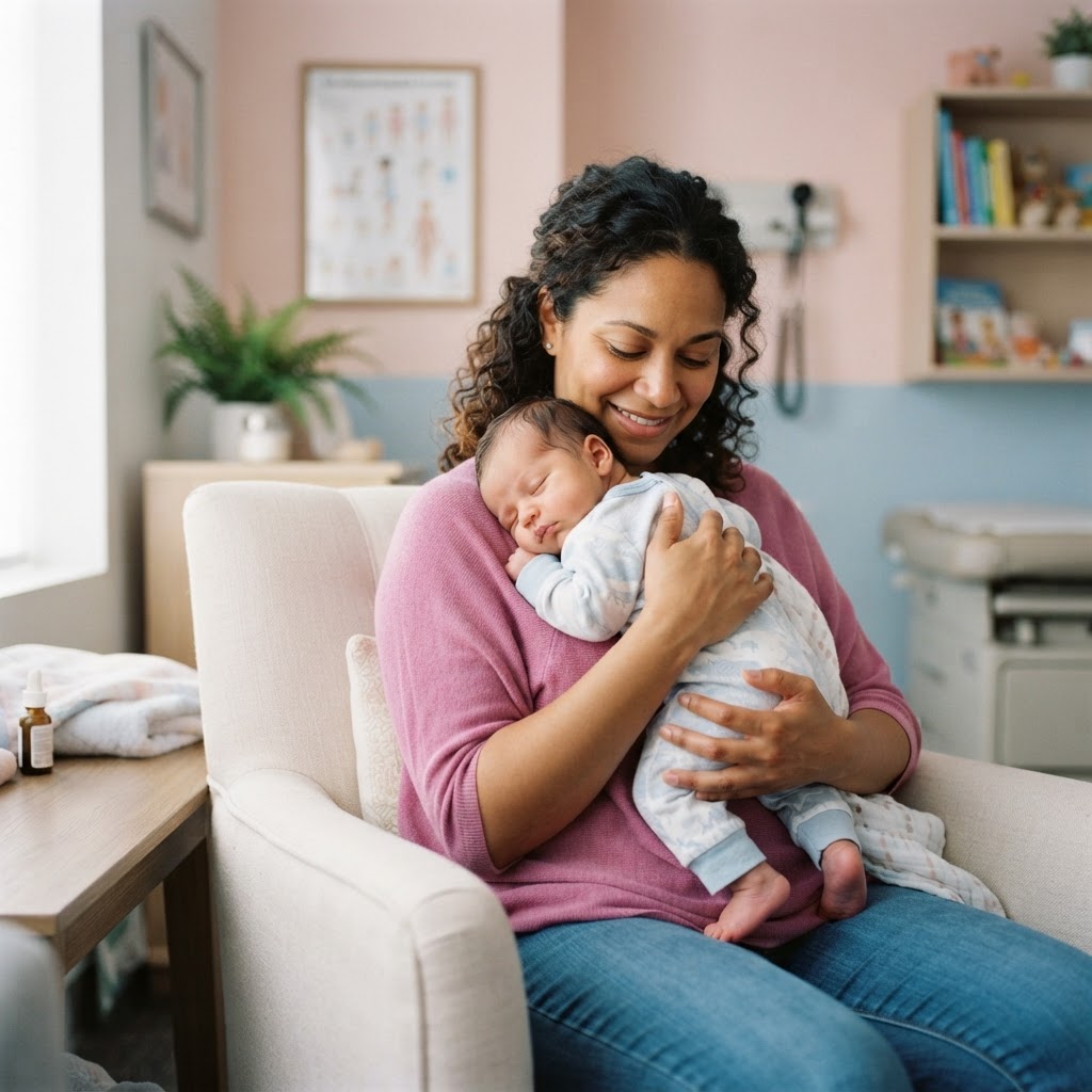Mãe amamentando seu bebê em um ambiente acolhedor e profissional.