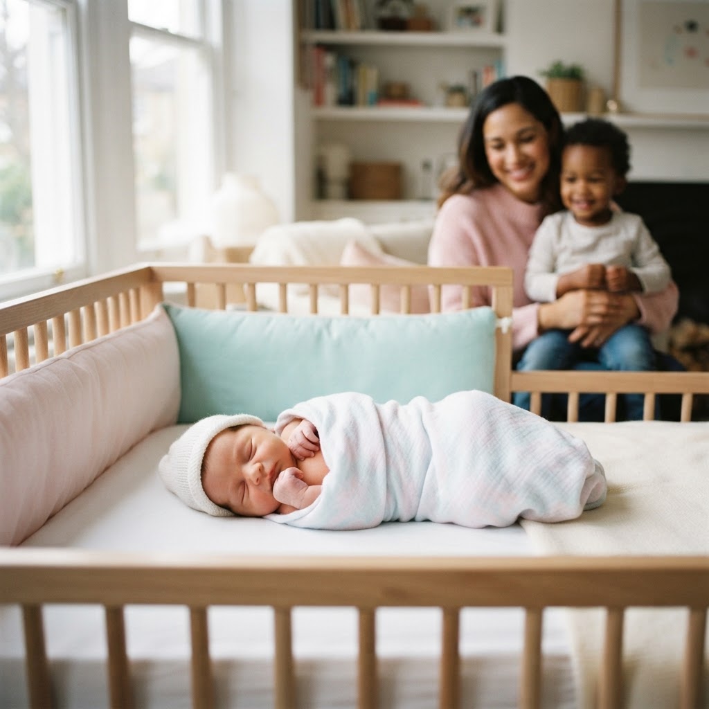 Bebê recém-nascido dormindo tranquilamente em um berço seguro com iluminação suave.