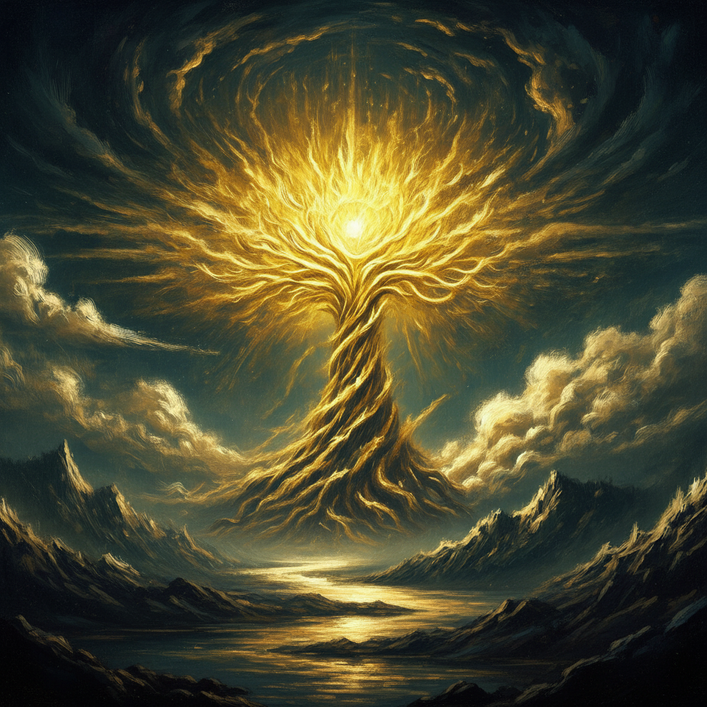 The dying Astral Tree looming over ruined kingdoms