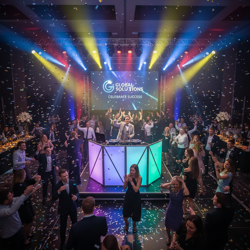 Firmenfeier Party DJ – Abendliche Betriebsfeier mit DJ-Booth und Tanzfläche