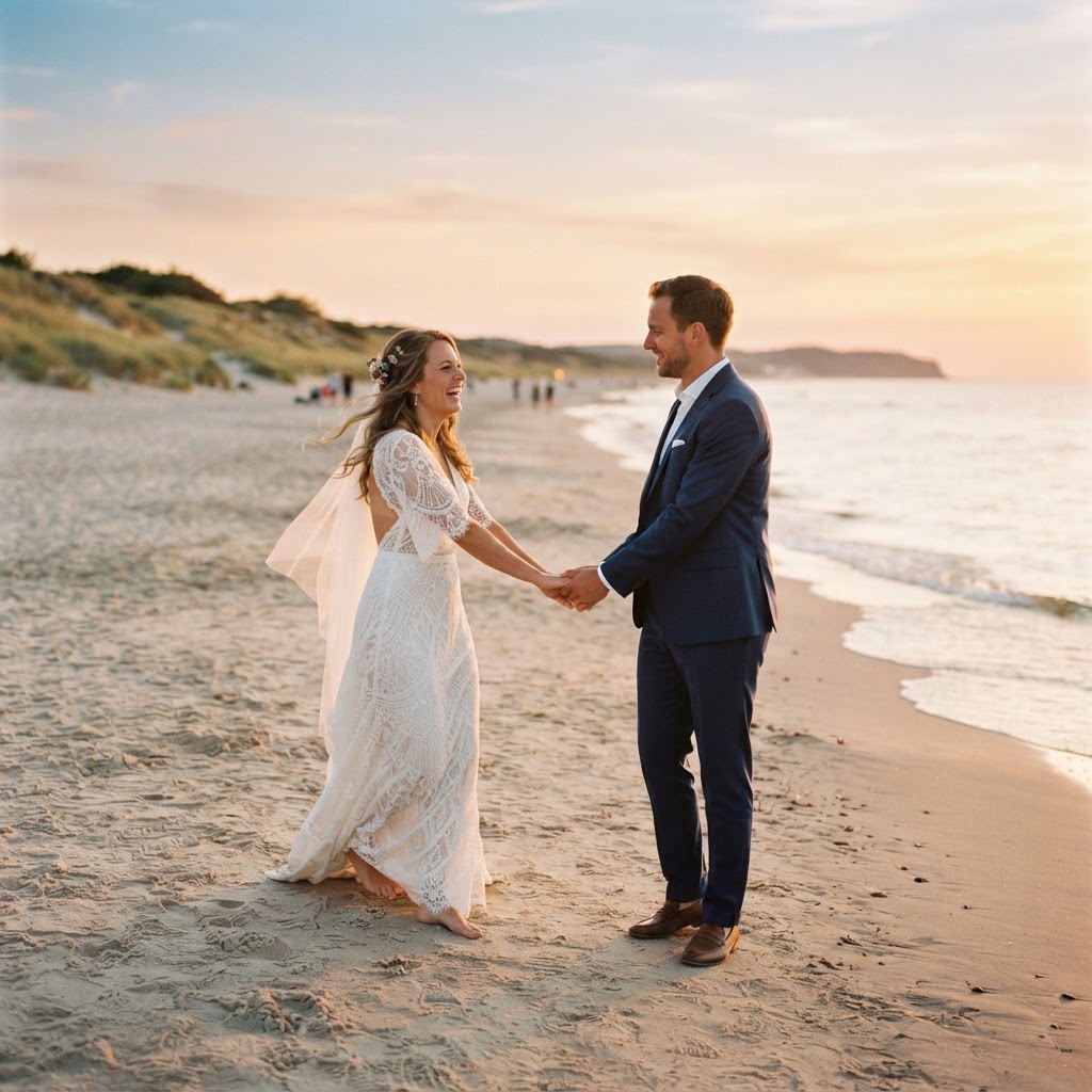 Hochzeitsfotograf Zingst – Brautpaar am Strand beim Shooting an der Ostsee in Zingst