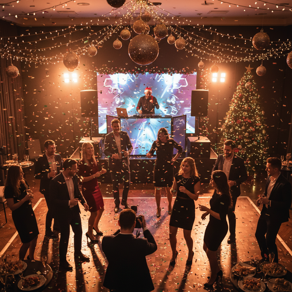 Weihnachtsfeier DJ – DJ Fischer bei Firmenfeier mit feiernden Mitarbeitern