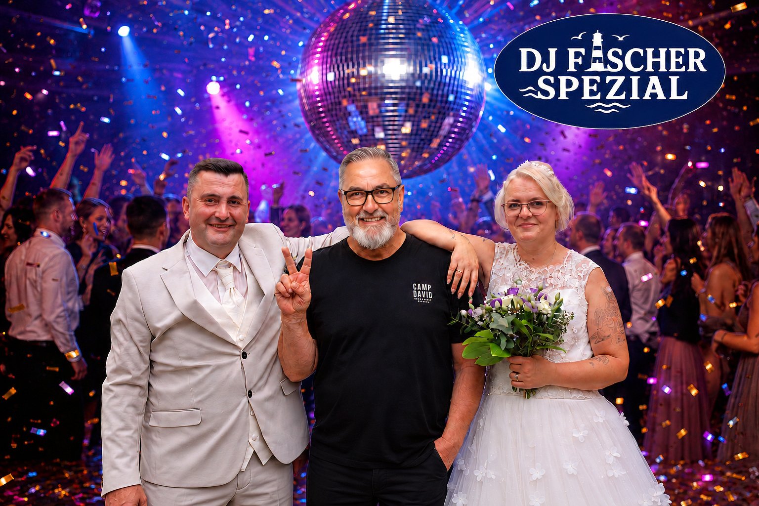 DJ Fischer Spezial mit Brautpaar auf der Hochzeitsfeier – Stimmung auf der Tanzfläche