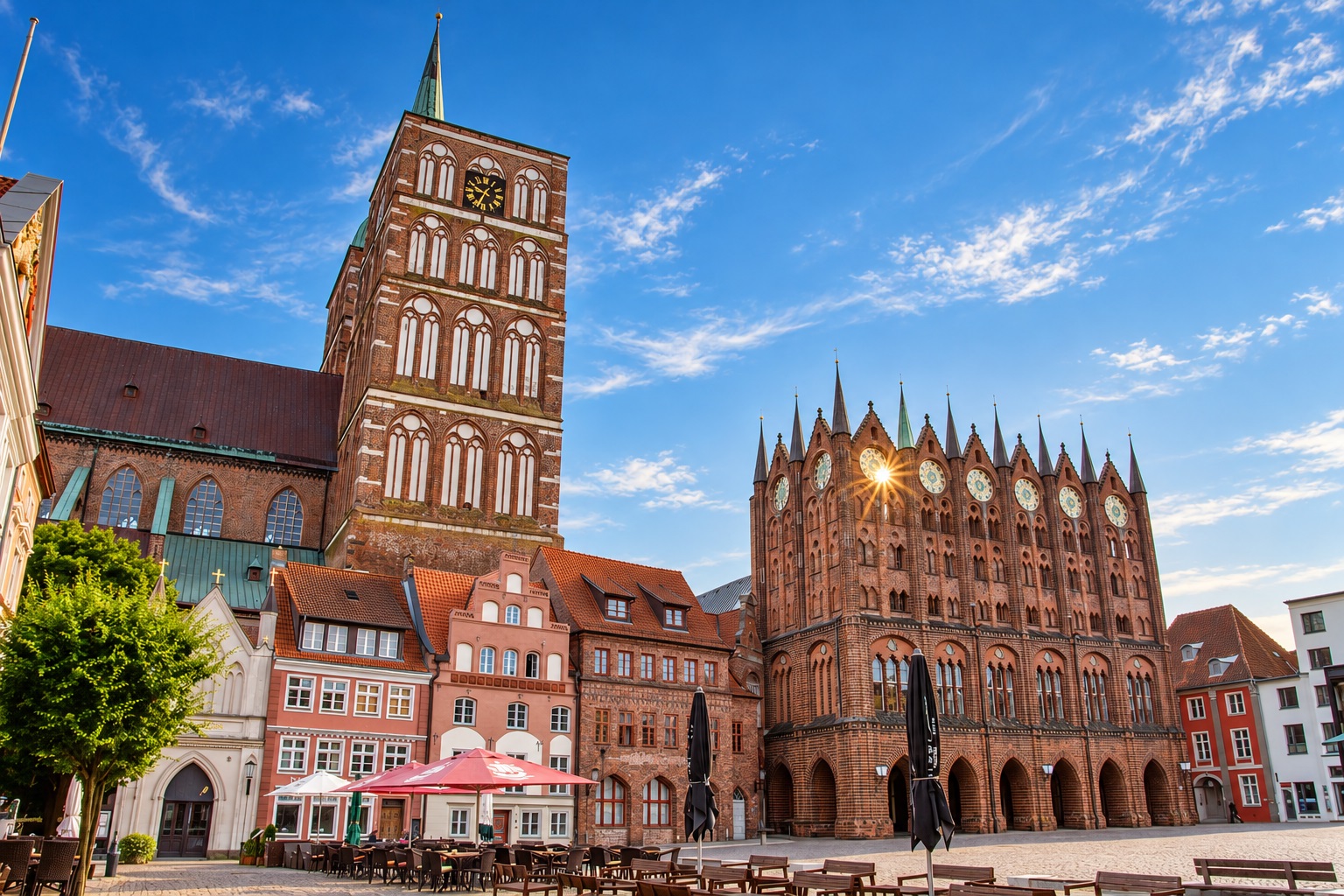 Historisches Rathaus Stralsund und St. Nikolai am Alten Markt bei Sonnenschein