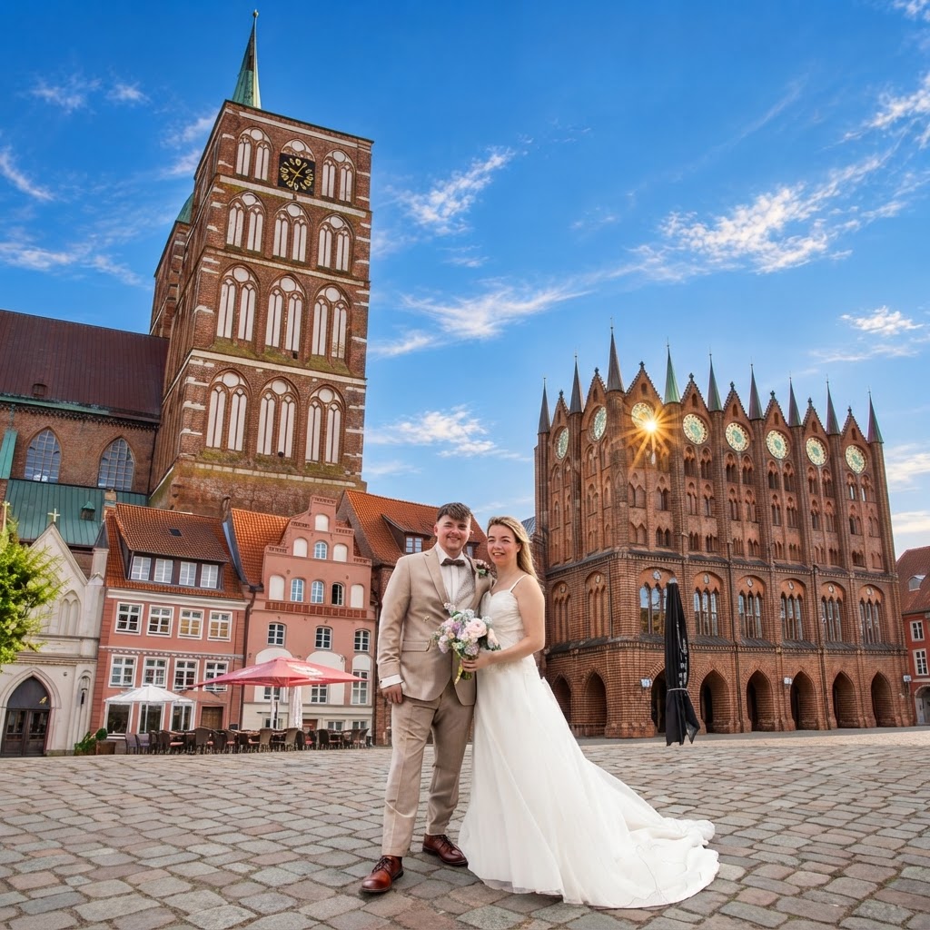 Hochzeitsfotograf Stralsund – Brautpaar vor dem historischen Rathaus am Alten Markt Stralsund
