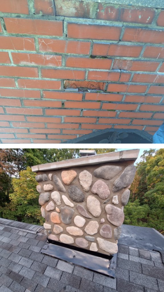 Spalled chimney crown repaired and sealed with new aluminum cap flashing