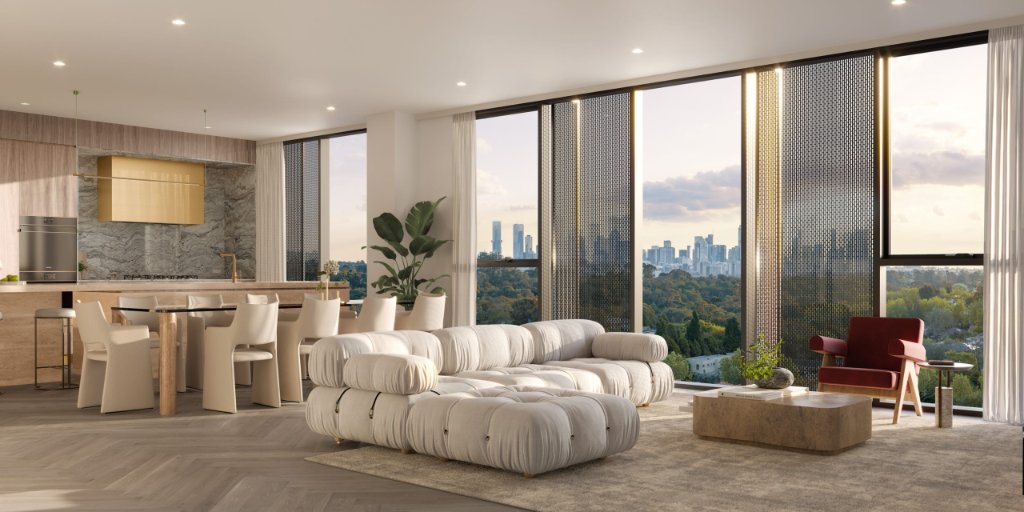 Penthouse living & dining · the city beyond