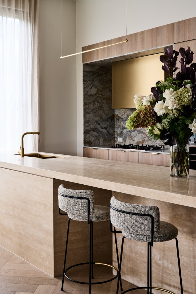 The penthouse kitchen at dusk