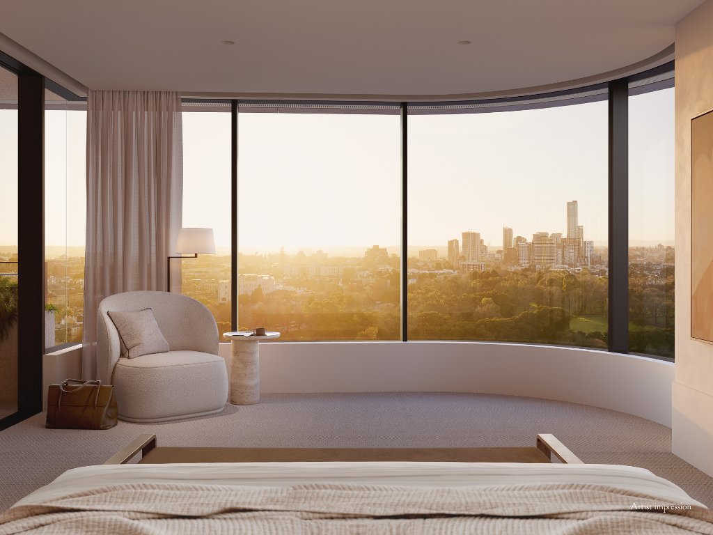 Master suite, curved glass to the park