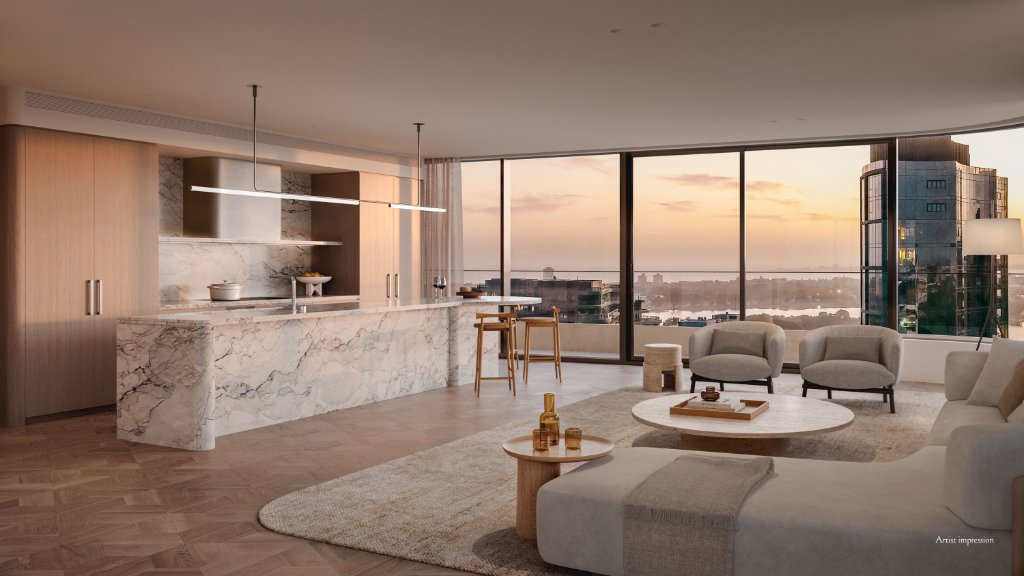 Open living & kitchen, sunset