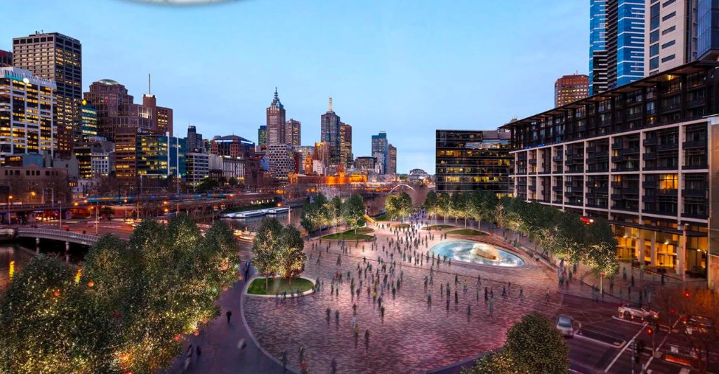 Render of a revitalised Queensbridge Square looking toward the Melbourne CBD across the Yarra