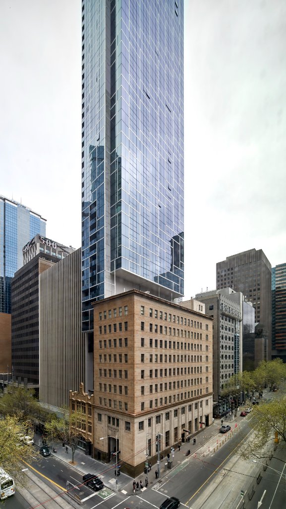 Collins House tower rising above the heritage Maker's Mark building