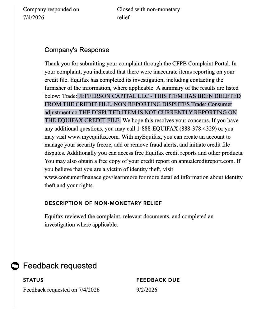 Equifax — Jefferson Capital Deleted