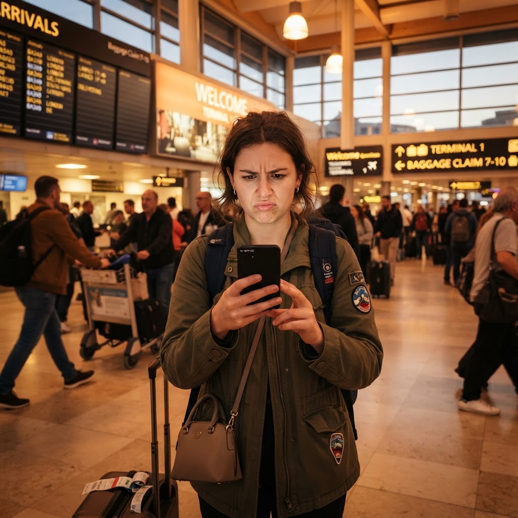 Traveller troubleshooting eSIM at airport arrivals