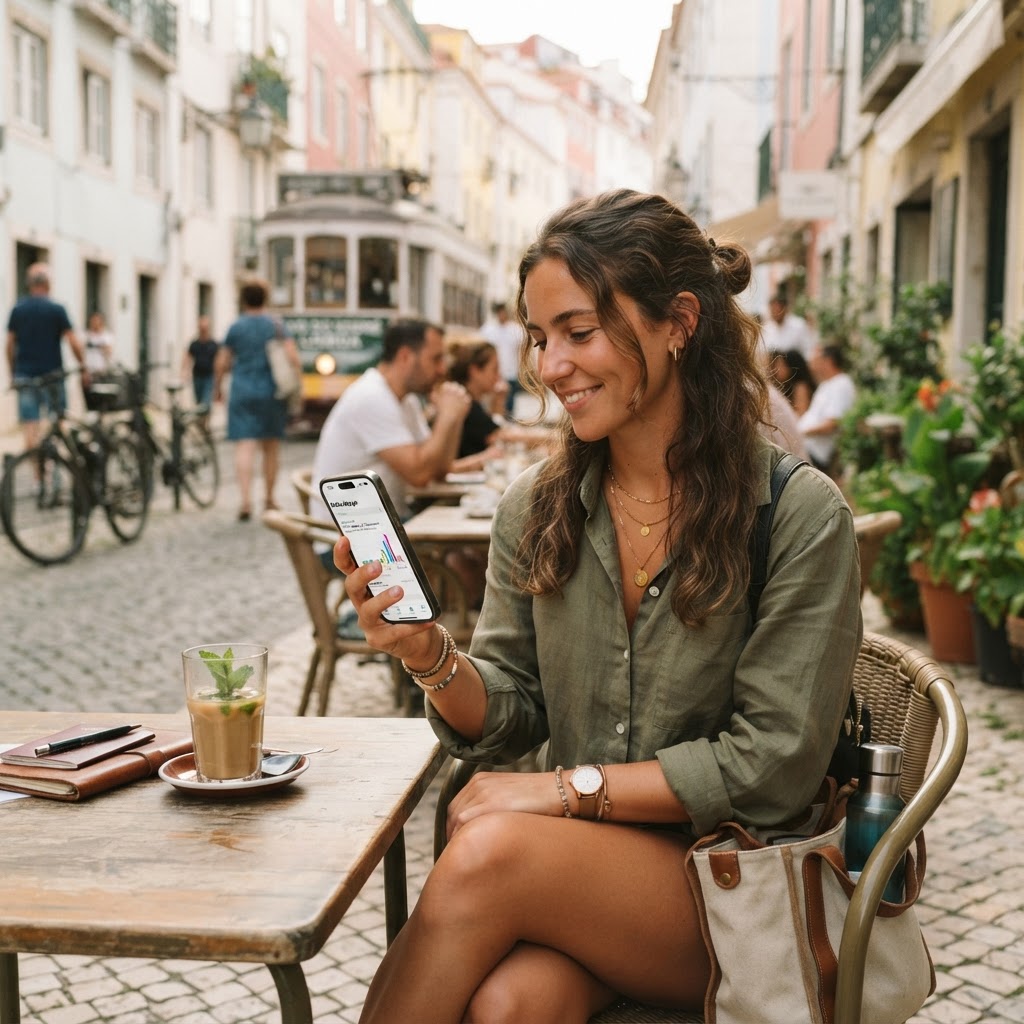 Traveller checking phone data usage at a cafe abroad