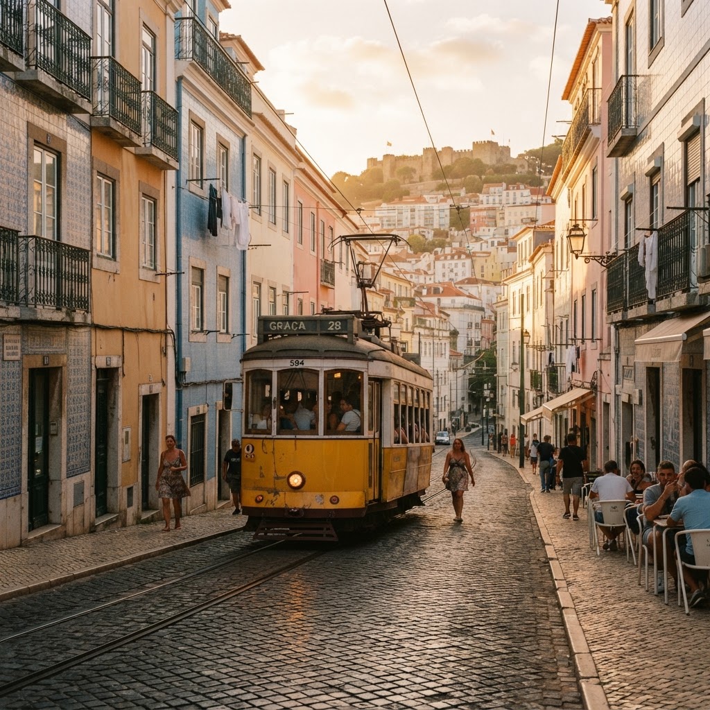 Travellers exploring Lisbon, Portugal with historic tram