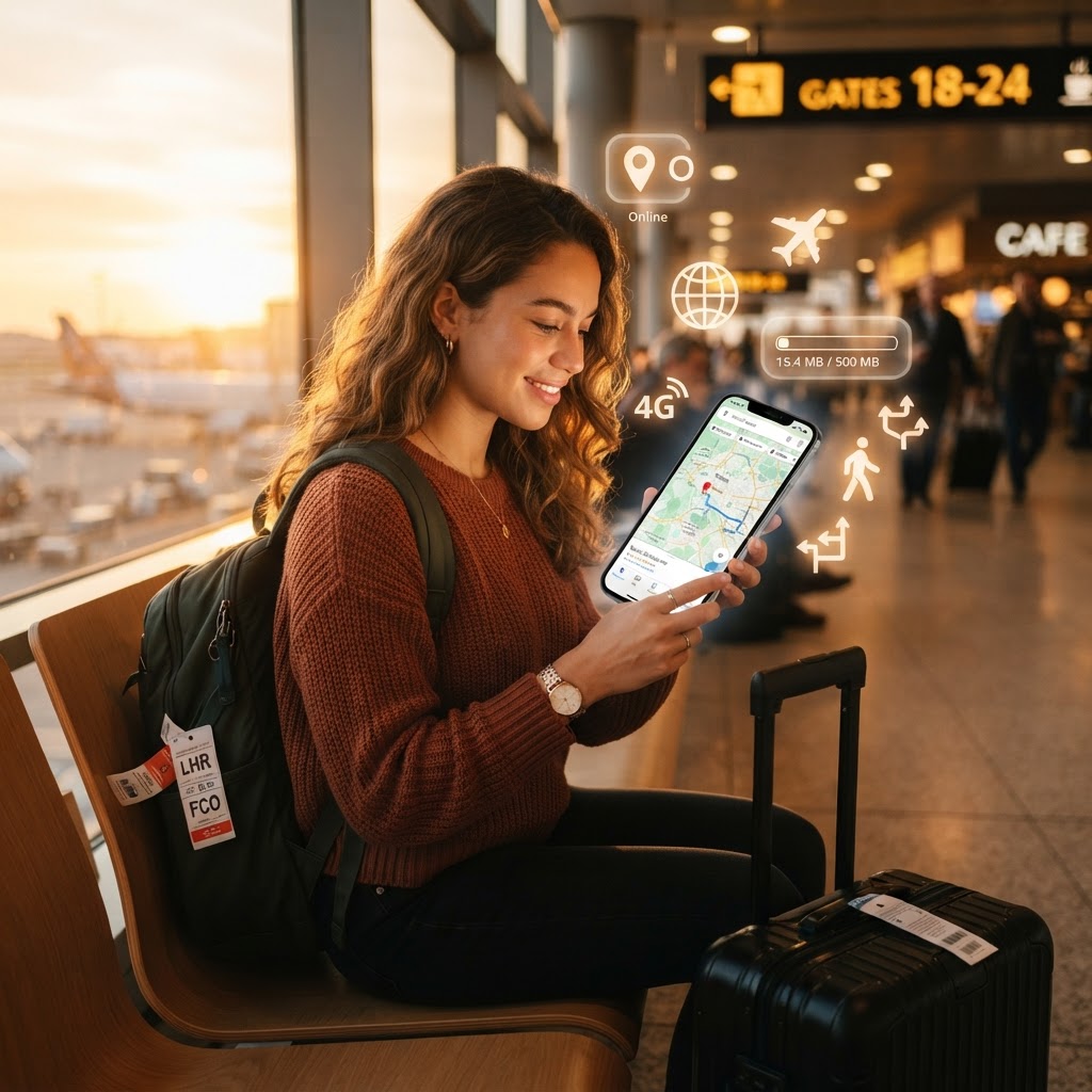 Traveller checking smartphone data usage at airport