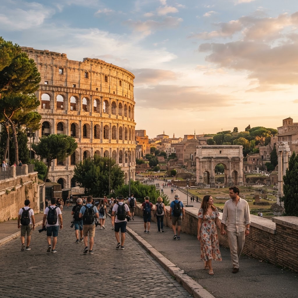 Travellers exploring Rome, Italy near the Colosseum