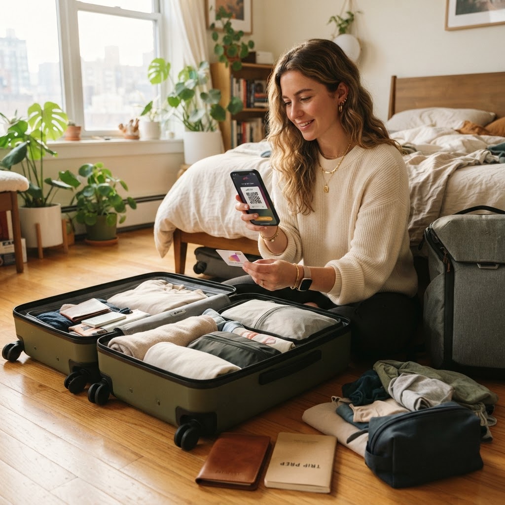 Traveller installing eSIM before travelling at home