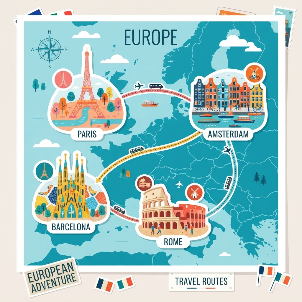 European landmarks connected by travel routes