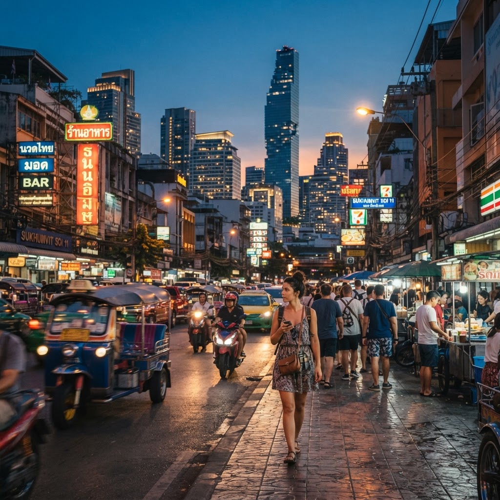 Travellers exploring Bangkok, Thailand city street
