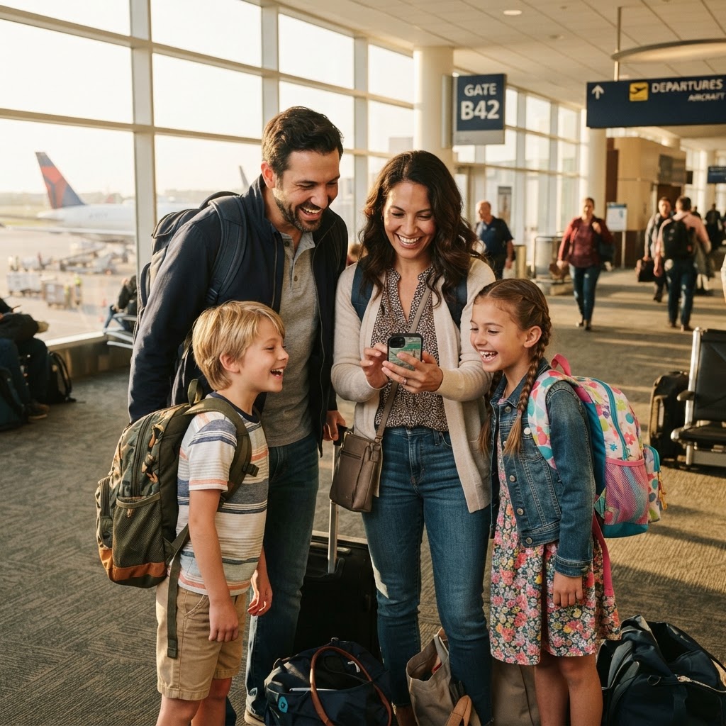 Family traveling together at airport with phone