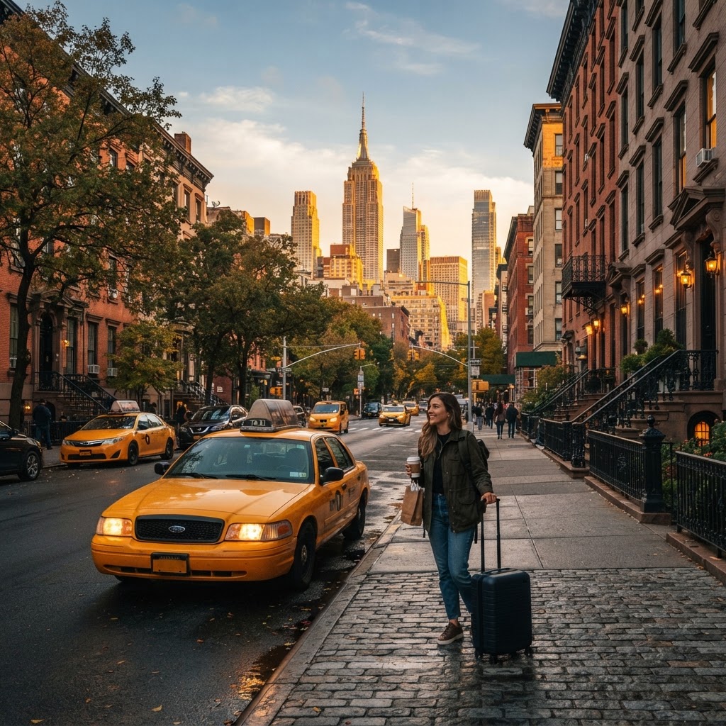 Travellers exploring New York City, United States at golden hour