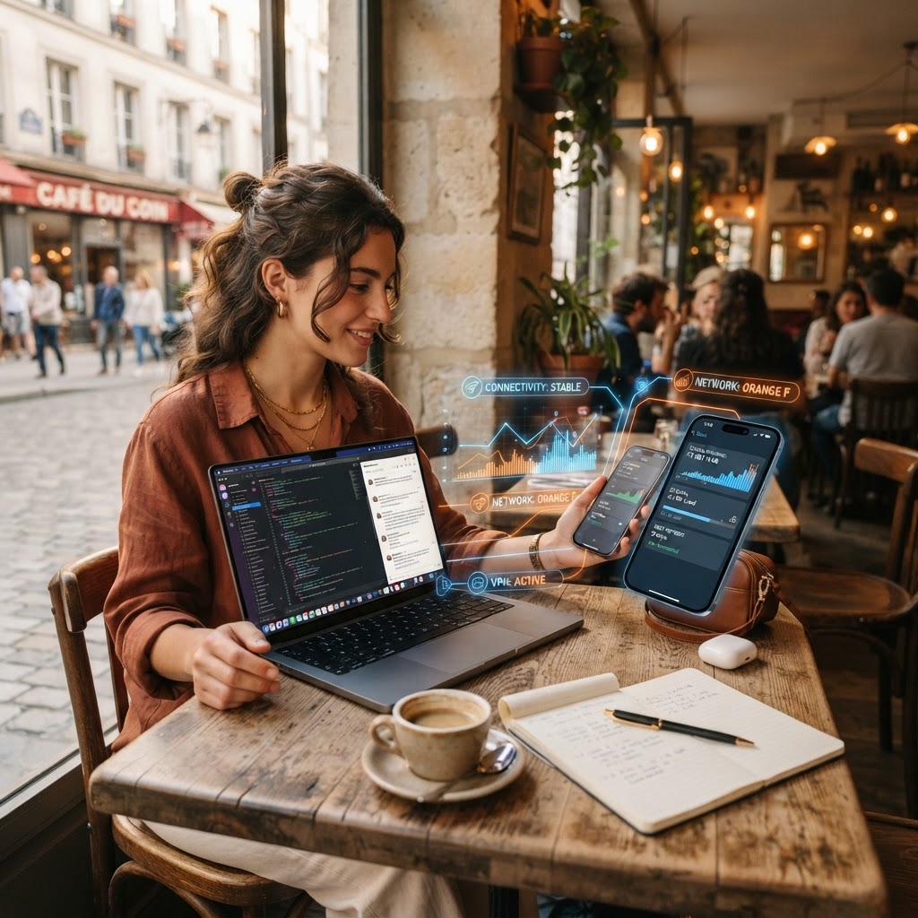 Traveller working remotely with laptop and phone in a cafe