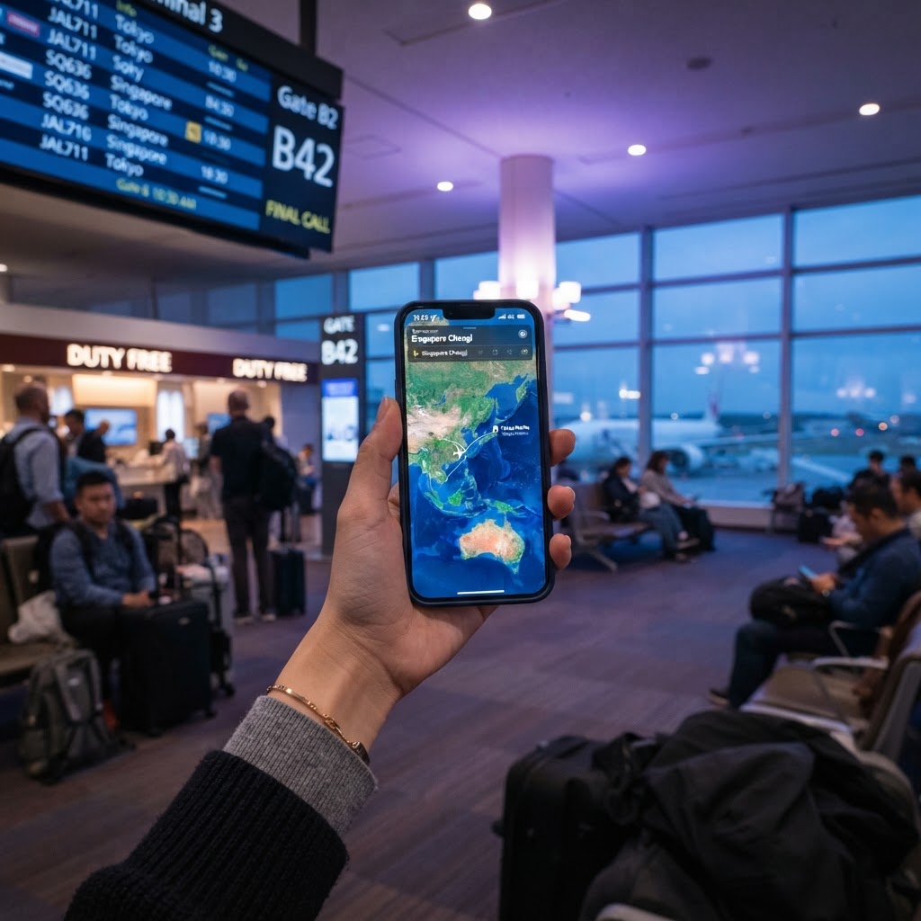 Traveler holding smartphone with world map at airport