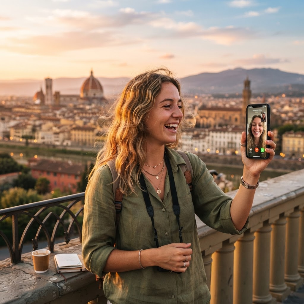 Traveller making WhatsApp video call abroad