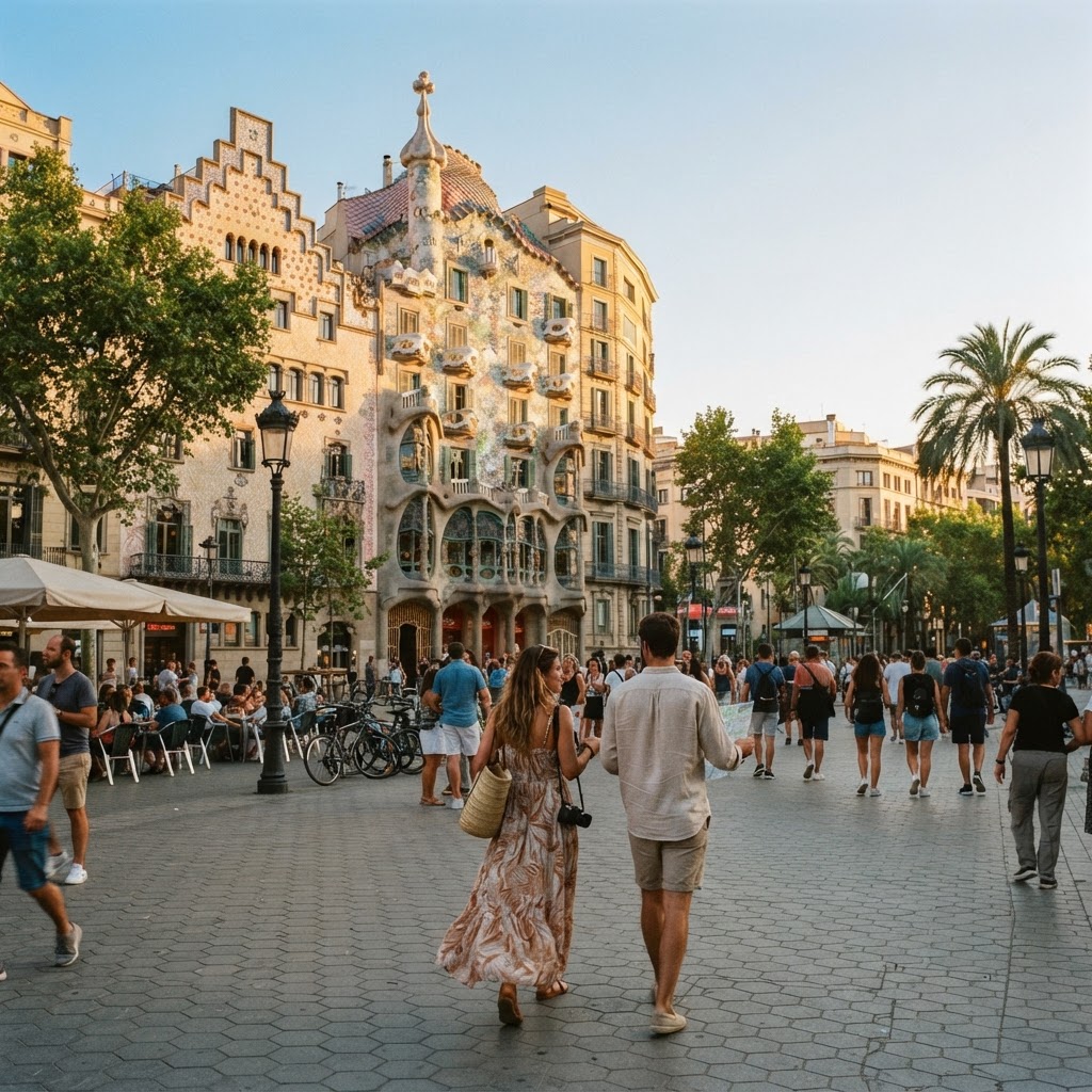 Travellers exploring Barcelona, Spain with modernist architecture
