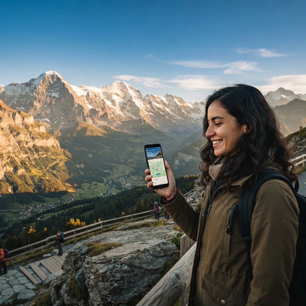 Swiss Alps with smartphone showing travel connectivity