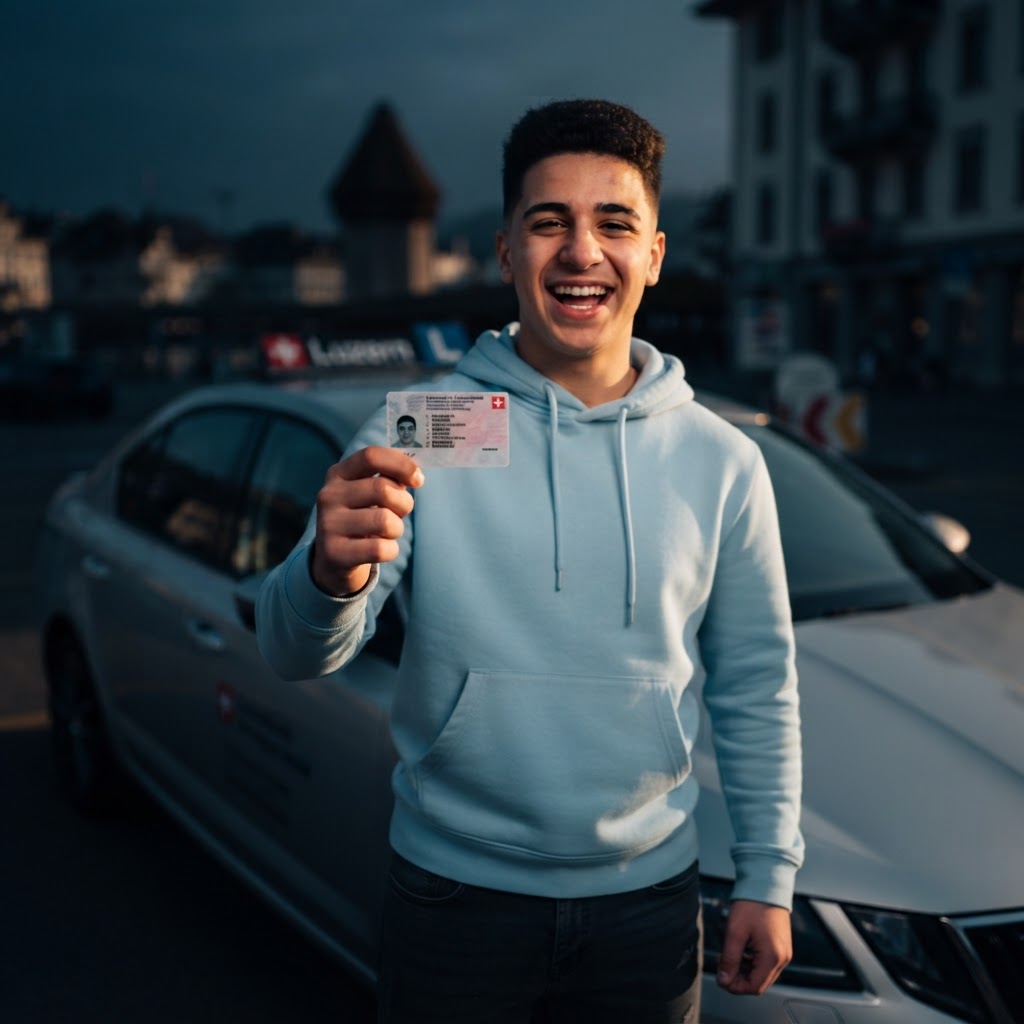 Fahrschüler feiert bestandene Prüfung mit Schweizer Fahrausweis