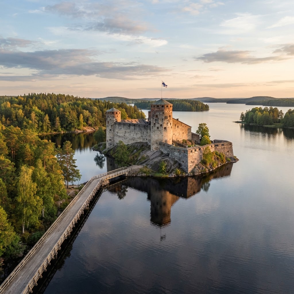 Keskiaikainen kivilinna järven saarella
