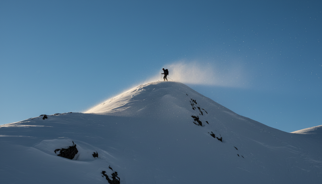 Ensam skidåkare på svensk fjälltopp med vidsträckt snölandskap