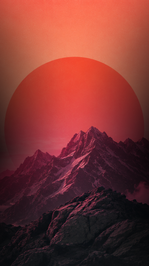 Mountain landscape with red sun