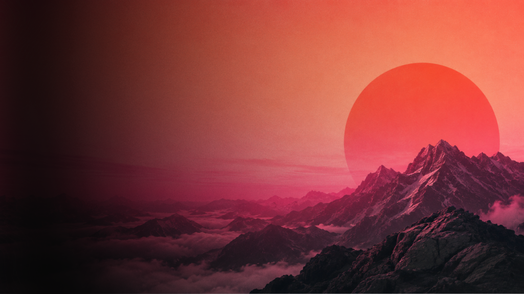 Mountain landscape with red sun