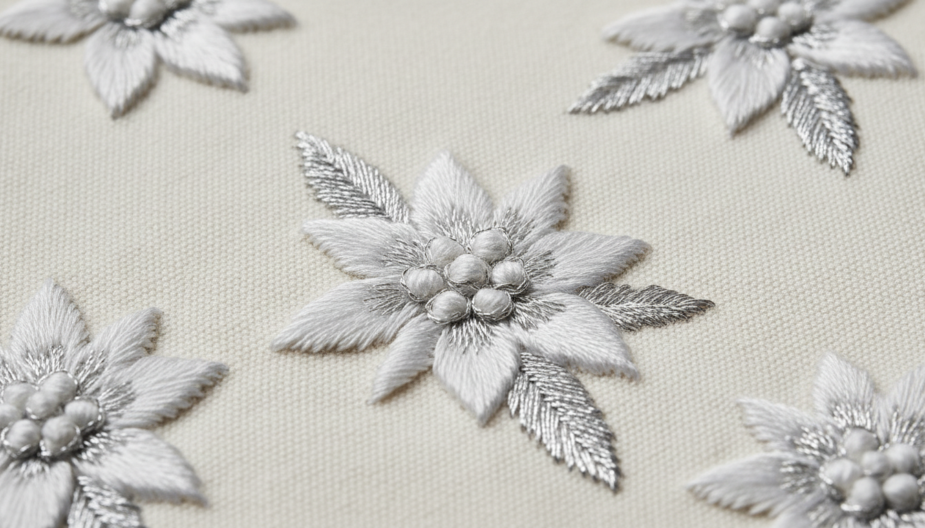 Hand-embroidered edelweiss detail on luxury fabric