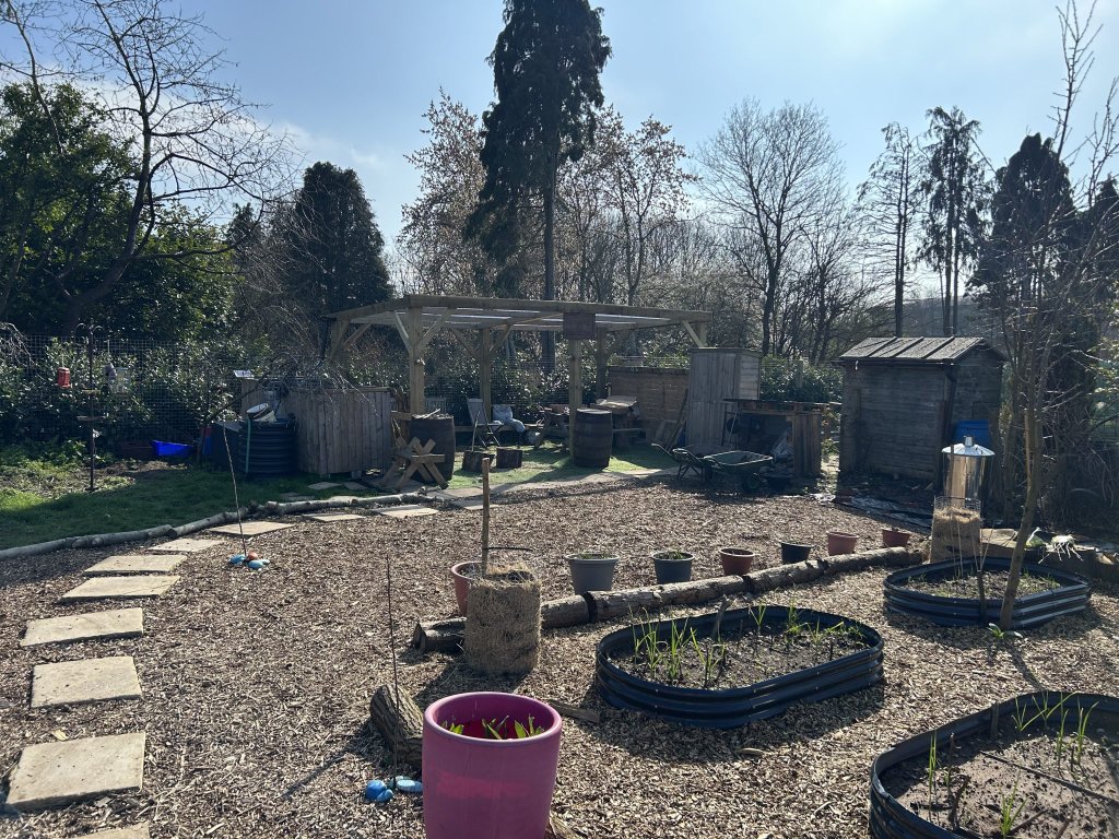Garden with pergola and outdoor seating