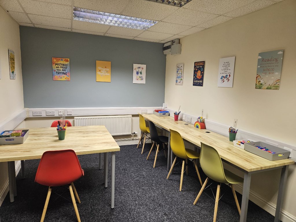 Our colourful study area with motivational artwork
