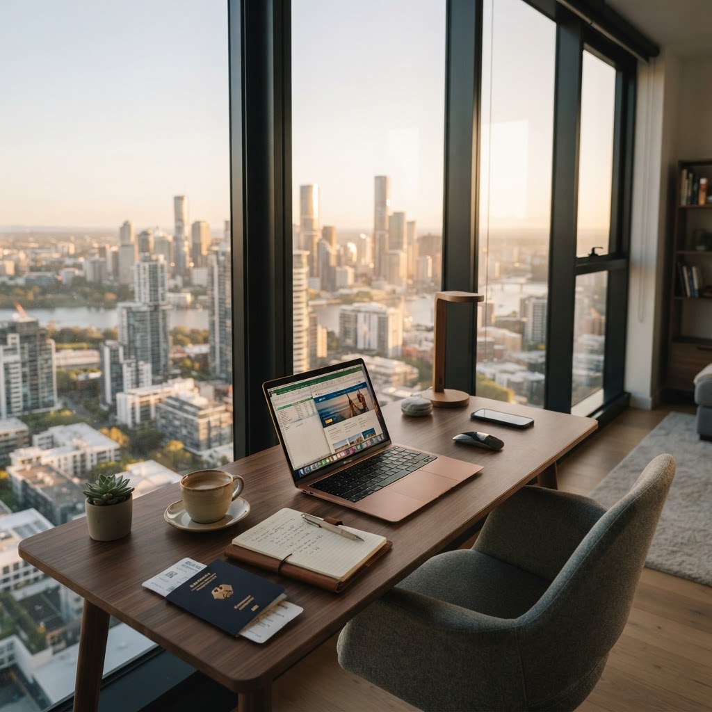 A tidy desk with a laptop, notebook and passport by a window overlooking a city skyline