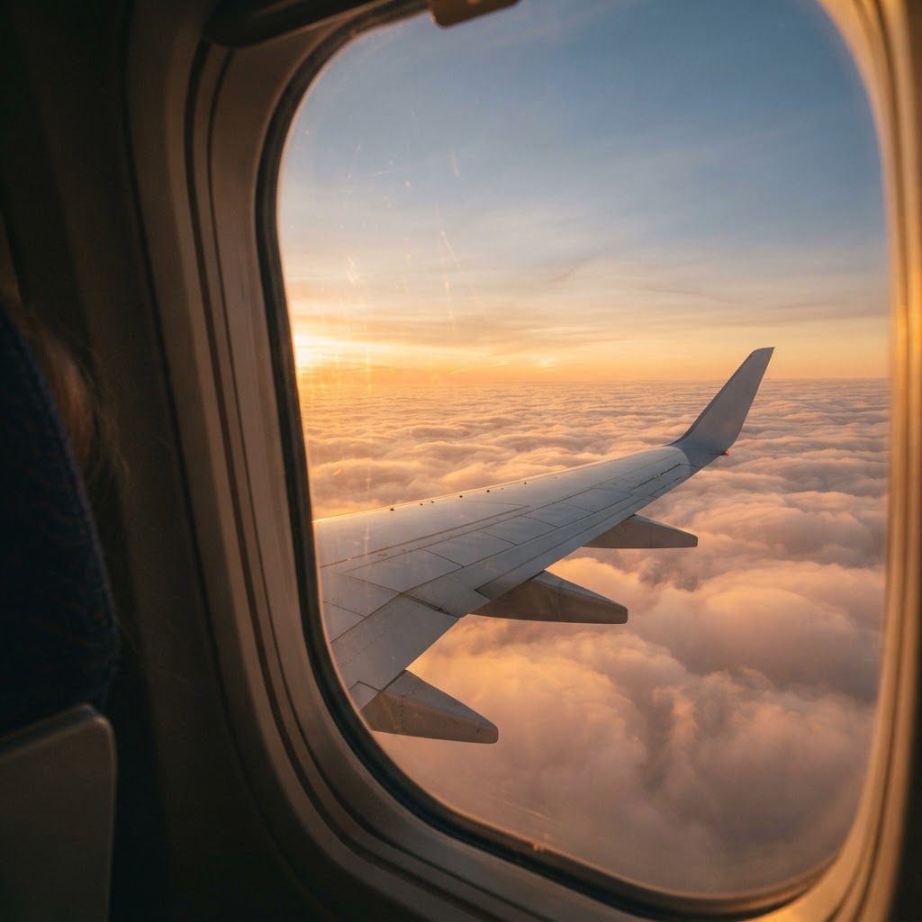 View from an airplane window over a sea of clouds at sunset